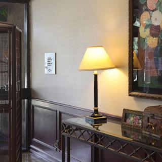 A cozy hallway featuring a table with a lamp and decorative items, complemented by artwork on the wall.