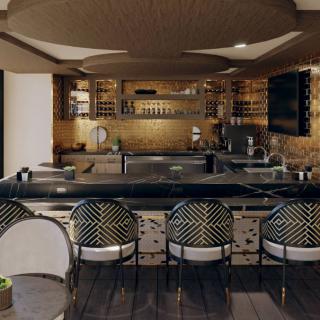 A stylish and modern bar interior with neatly arranged shelves and a sleek countertop.
