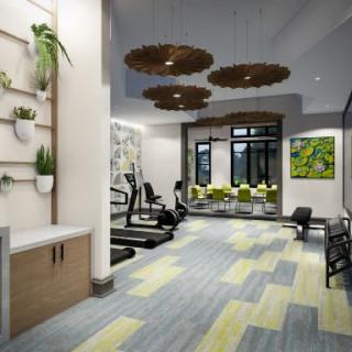 A modern gym interior featuring exercise equipment and stylish decor.