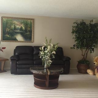 A cozy living room with a dark sofa, a coffee table decorated with flowers, and a painting on the wall.