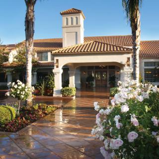 A beautiful hotel entrance surrounded by lush landscaping and palm trees.