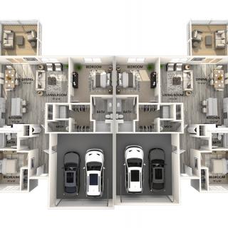 A 3D floor plan showcasing a modern apartment layout with multiple rooms and garages.
