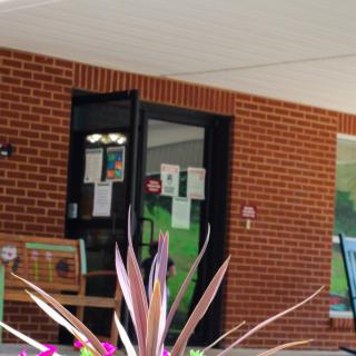 Entrance to a brick building with potted plants and benches outside.