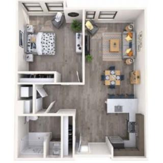 A modern, open-concept floor plan of a one-bedroom apartment featuring a kitchen, dining area, living room, and bathroom.