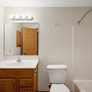 A well-lit bathroom featuring a sink, toilet, and shower area.