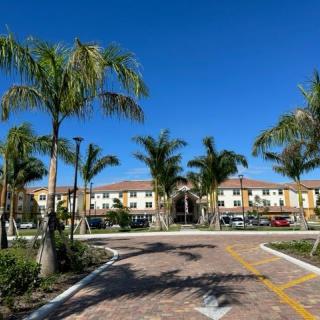 A sunny day at a residential complex with palm trees and a welcoming driveway.