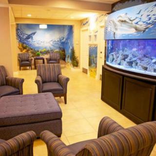 A cozy waiting room featuring comfortable seating and a large aquarium.
