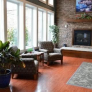 A cozy living room with armchairs by a fireplace, featuring hardwood floors and abundant natural light from large windows.