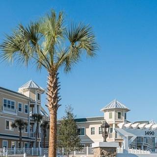 A picturesque view of a coastal resort with palm trees under a clear blue sky.