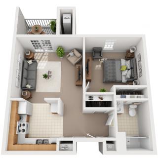 A 3D floor plan of a one-bedroom apartment with a living room, kitchen, bathroom, and balcony.