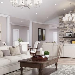 A modern living room with neutral tones, featuring a comfortable sofa, wooden coffee table, and elegant chandeliers.