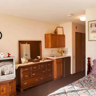 A cozy hotel room with a television, dresser, mirror, and a small kitchenette area.