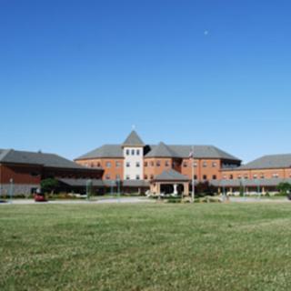 A modern architectural building set against a clear blue sky, surrounded by lush green grass.