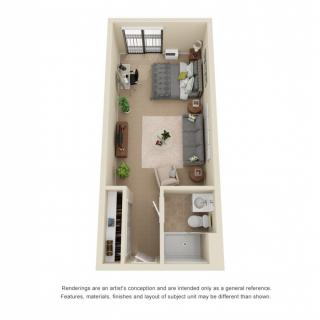 3D floor plan of a studio apartment with a bedroom, living area, kitchen, and bathroom.