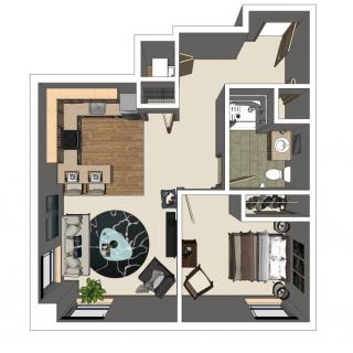 A 3D-rendered floor plan of an apartment featuring a kitchen, living room, bedroom, and bathroom.