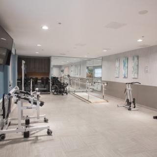 A well-equipped rehabilitation and physical therapy room featuring various gym equipment and large mirrors.