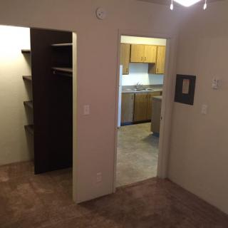 View of an apartment with a closet and kitchen area.