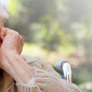 An elderly woman in a wheelchair, wearing a sweater, outdoors.