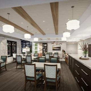 A modern dining area featuring elegant furniture, warm lighting, and stylish decor.