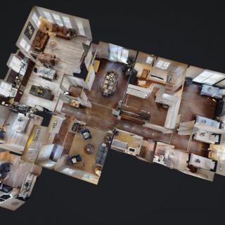 3D floor plan rendering of an apartment displaying multiple rooms and their layout.