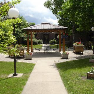 A serene garden featuring a wooden gazebo surrounded by lush greenery and a paved walkway.
