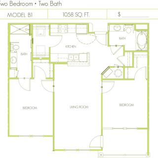 A floor plan depicting a two-bedroom, two-bathroom apartment layout.