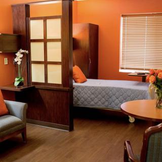 A cozy and vibrant living space featuring an orange wall, wooden furniture, and a comfortable atmosphere.