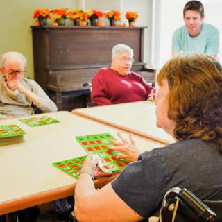 Seniors engage in a lively game of bingo at a community center.