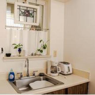 A small kitchen area with a sink, potted plants on the windowsill, and appliances like a coffee maker and toaster on the countertop.