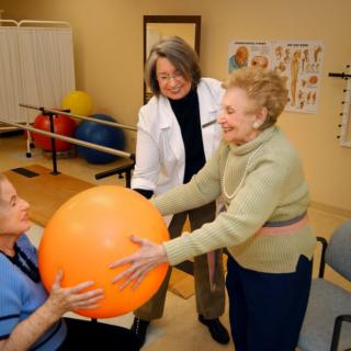 An elderly woman engages in a physical therapy session with healthcare professionals, using an exercise ball.