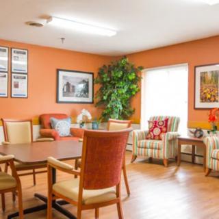A cozy living room with orange walls, featuring a table surrounded by chairs, artwork on the walls, and a large plant by the window.