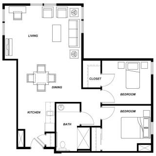 A floor plan of a two-bedroom apartment featuring a living room, kitchen, dining area, and bathroom.