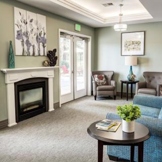 A cozy living room with a fireplace, modern furniture, and decorative artwork.