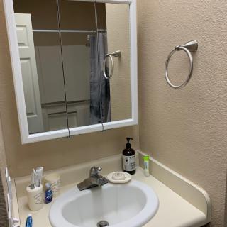 A small bathroom sink area with a mirror and soap dispenser.