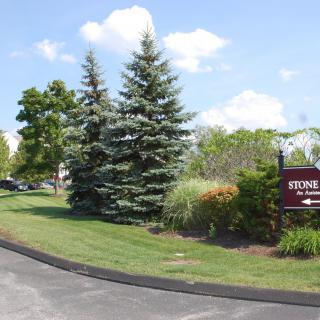 A scenic outdoor view featuring a road, trees, and a sign indicating the Stonebridge community.