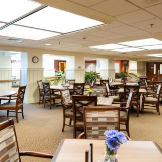 An empty dining room with neatly arranged tables and chairs, decorated with plants and flowers.