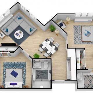A 3D rendered floor plan of an apartment featuring a living room, dining area, bedroom, and bathroom.