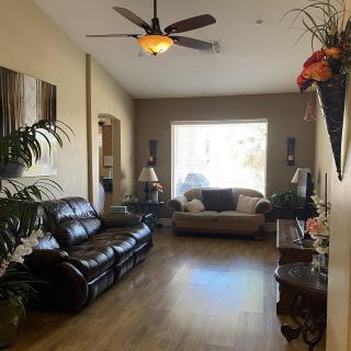 A cozy living room with leather and fabric sofas, decorated with plants and artwork, featuring a ceiling fan and large window.