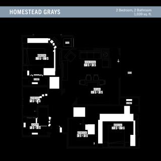 A black and white floor plan of a home with multiple labeled rooms, titled 'Homestead Grays'.
