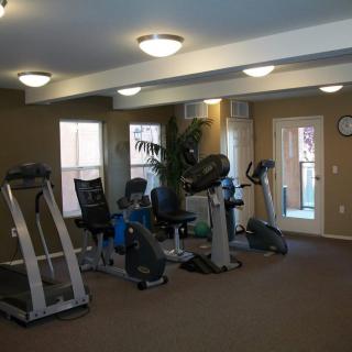 A small indoor gym with various exercise machines including treadmills and stationary bikes.