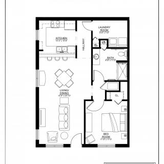 A floor plan of a one-bedroom apartment featuring a kitchen, bathroom, living room, and dining area.