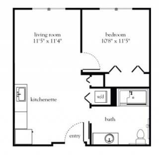 A floor plan of a one-bedroom apartment with a living room, kitchenette, bathroom, and entryway.