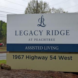 Sign for Legacy Ridge Assisted Living at Peachtree, located at 1967 Highway 54 West.