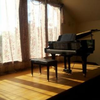 A grand piano sits in a sunlit room by large windows.