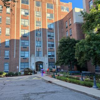 A sunlit residential building surrounded by greenery.