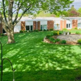 A lush green lawn with trees casting shadows near a building.