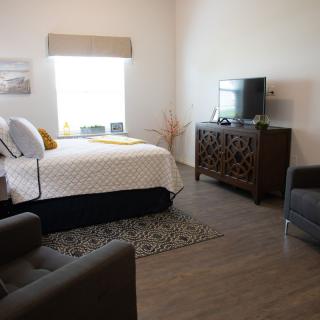 A modern bedroom with a neatly made bed, stylish furniture, and a flat-screen TV on a wooden cabinet.