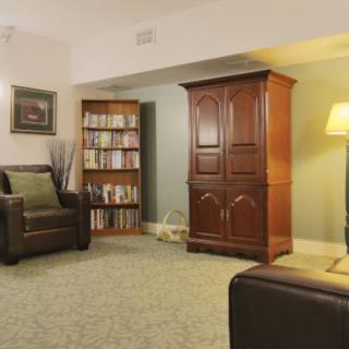 A cozy living room featuring an armchair, wooden cabinet, bookshelf, and a floor lamp on a carpeted floor.