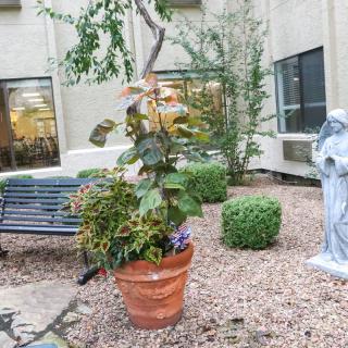 A tranquil garden area with a statue, bench, and potted plant.