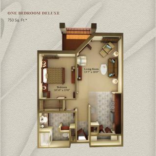 One-bedroom apartment floor plan with a detailed layout.